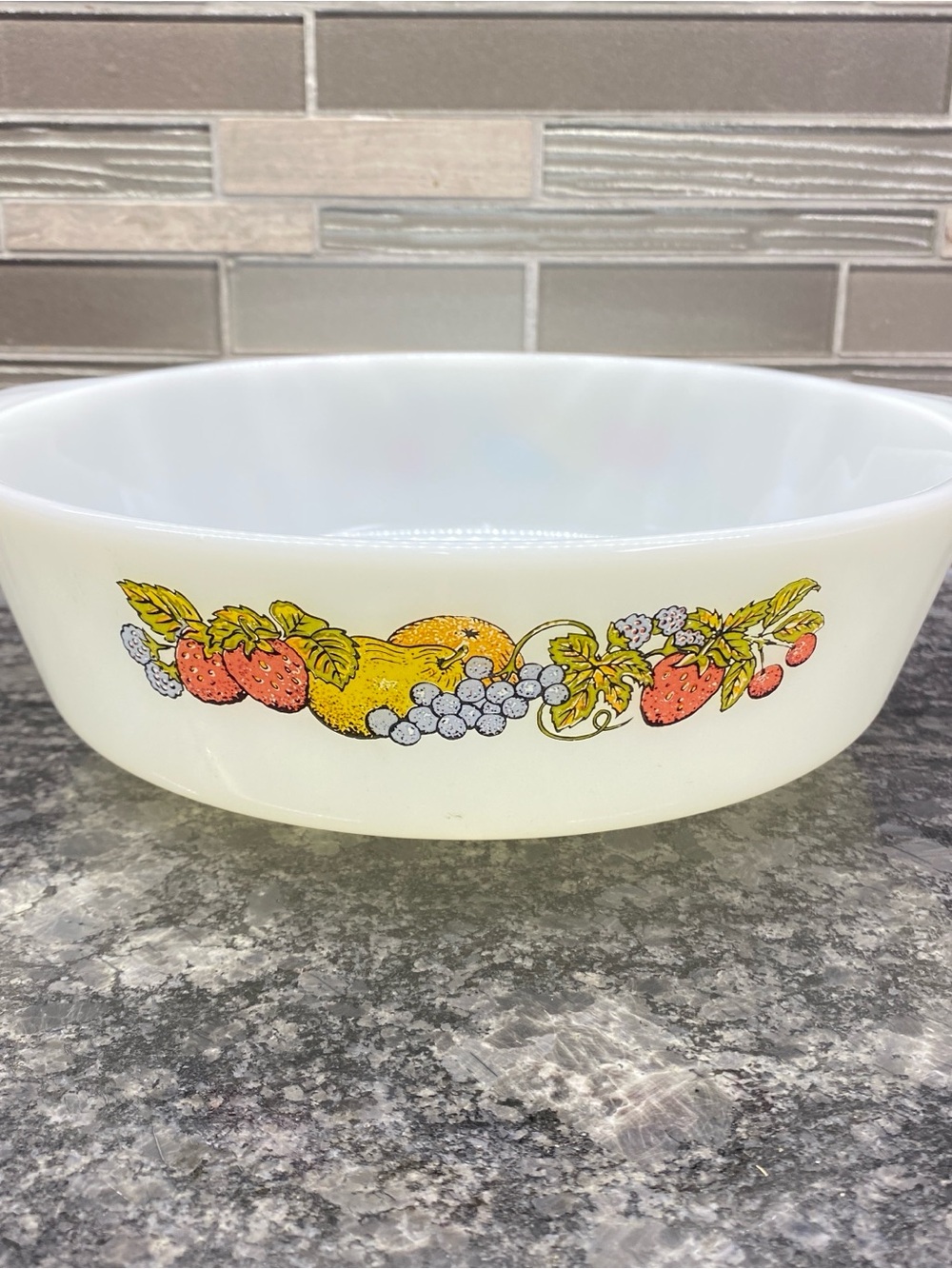 Anchor Hocking Fire King Natures Bounty Fruit Pattern Milk Glass Casserole Dish